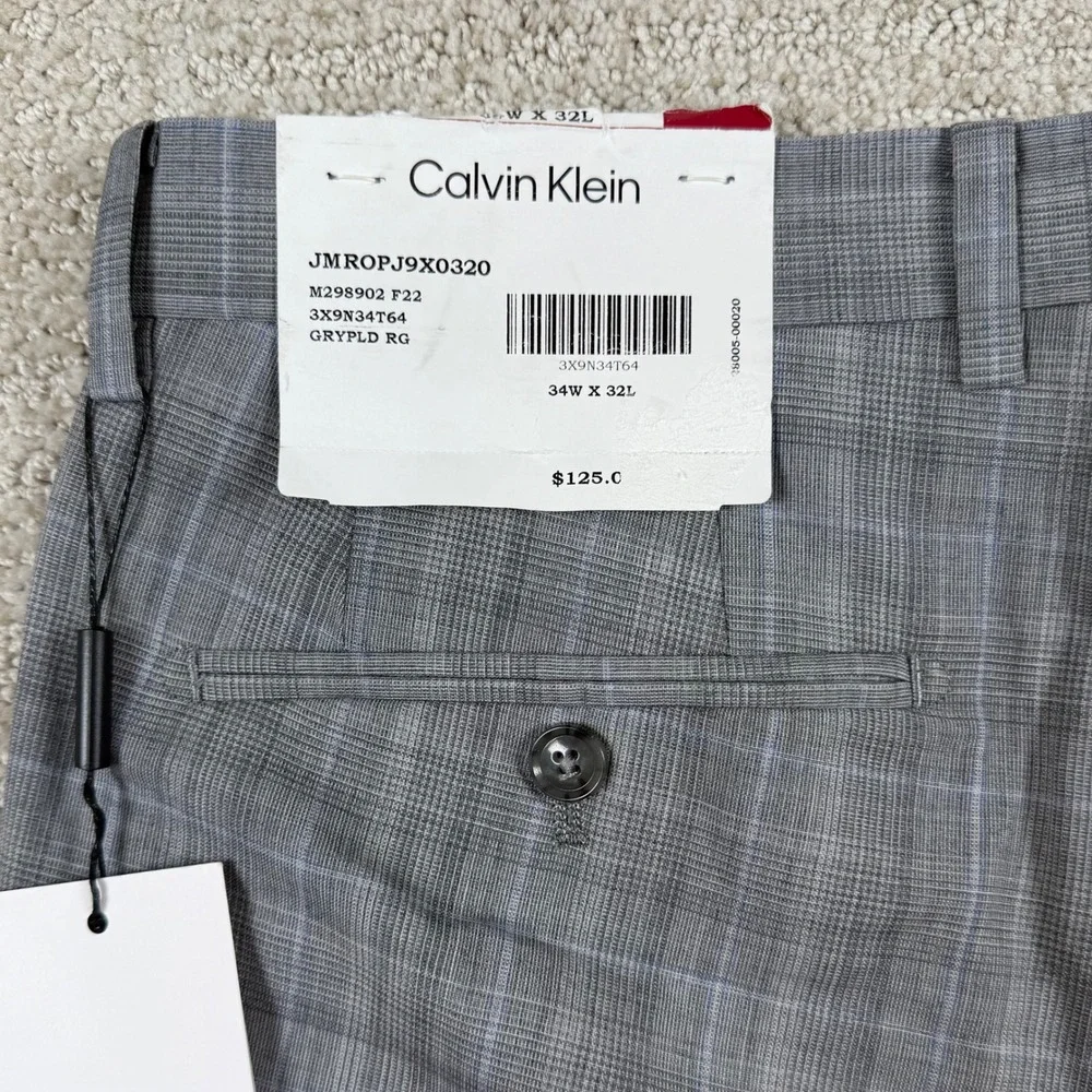 NEW Calvin Klein Mens 34x32 Grey Plaid X Slim Fit Wool Blend Dress Pants